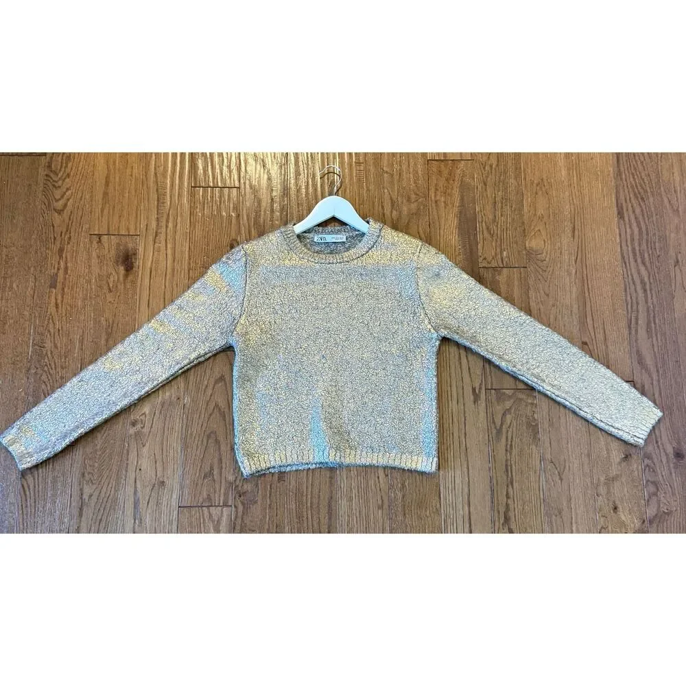 Zara gold metallic crewneck crop sweater M